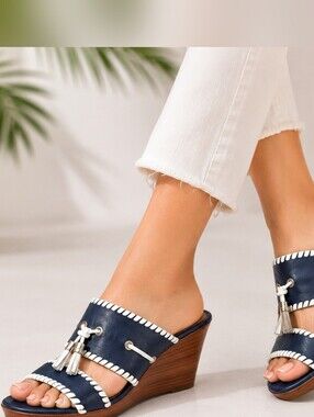 Jack Rogers Wedge Sandals Navy Leather Tassel Slide Heels Size 6M